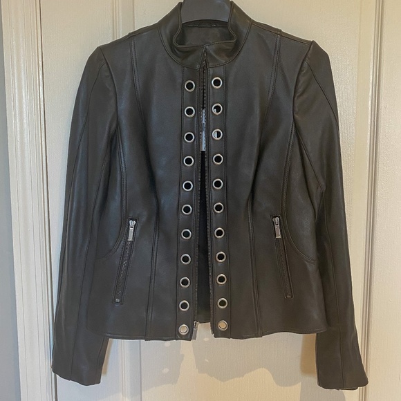 NWT Neiman Marcus Grommet-Trim Lamb Leather Moto - Picture 9 of 15